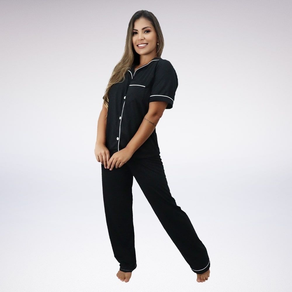 Pijama Calça Longa Manga Curta Aberto Com Gola