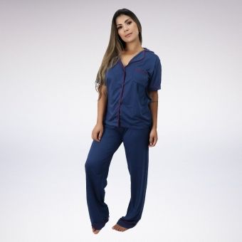 Pijama Calça Longa Manga Curta Aberto Com Gola