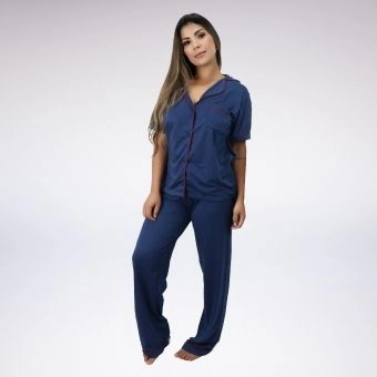 Pijama Calça Longa Manga Curta Aberto Com Gola