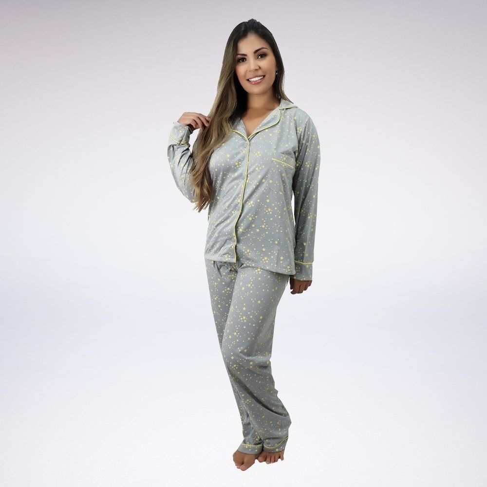 Pijama Longo Aberto Com Gola - Estampado - Cinza