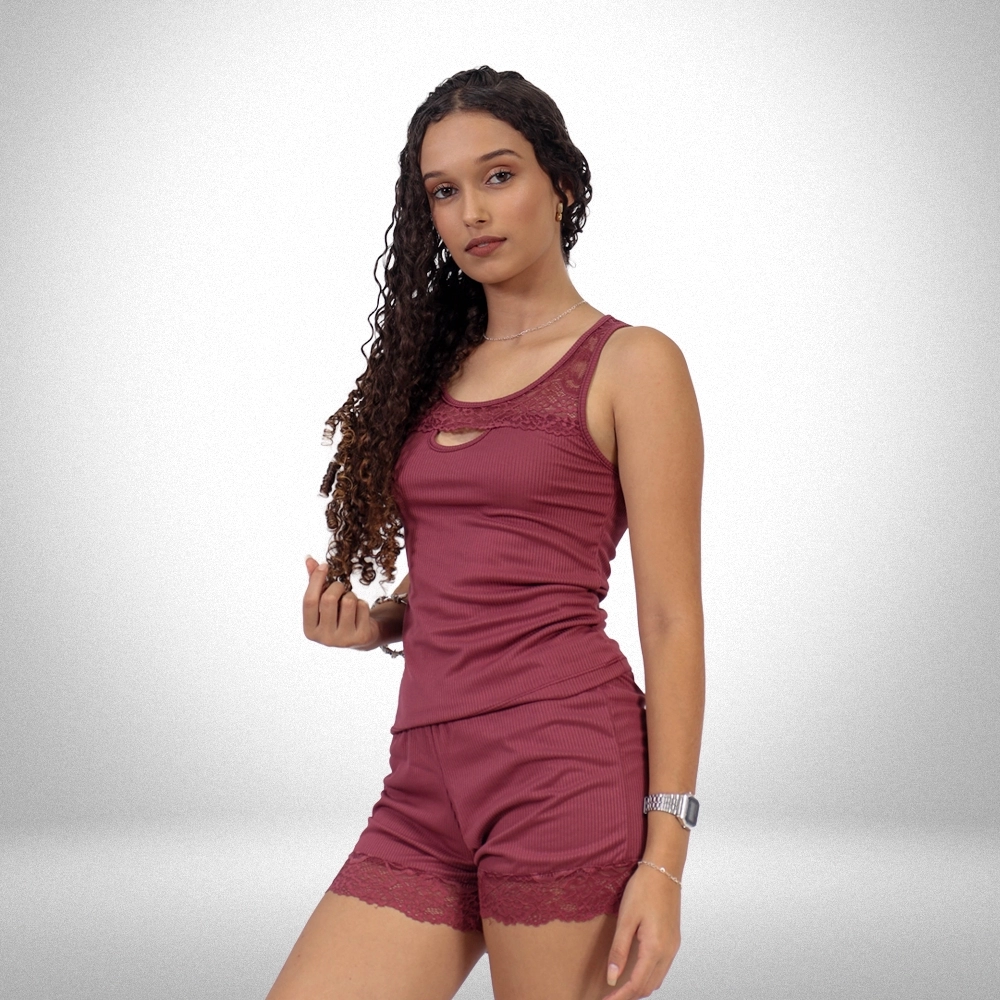 Short Dool Microfibra Camiseta Com Renda - Vinho