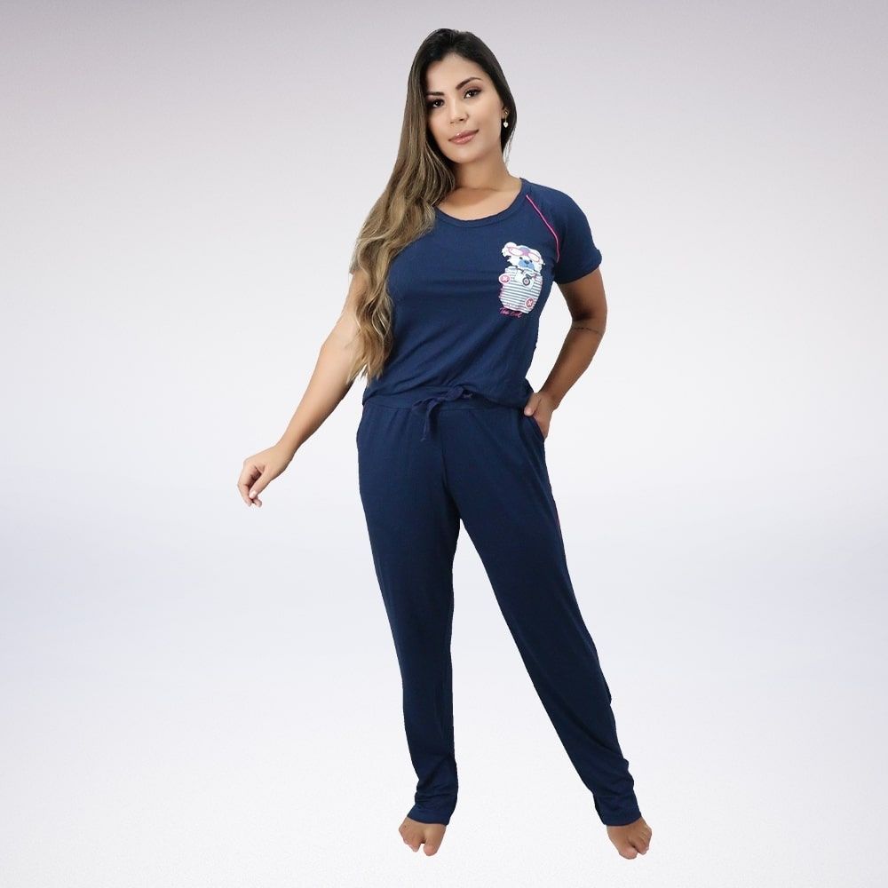 Pijama Calça Longa Manga Curta Bolso Faca Viscolycra