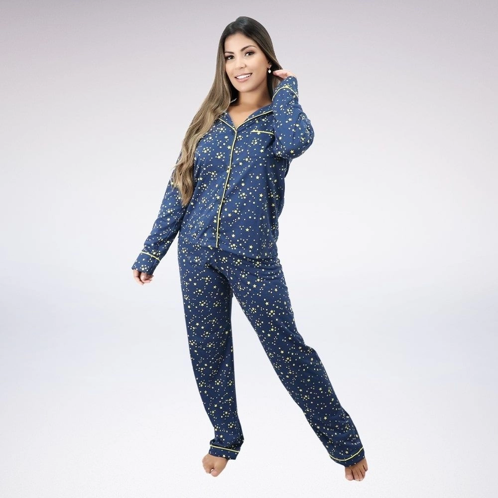 Pijama Longo Aberto Com Gola - Estampado - Azul