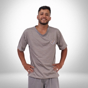 Pijama listrado com bordado curto - PV